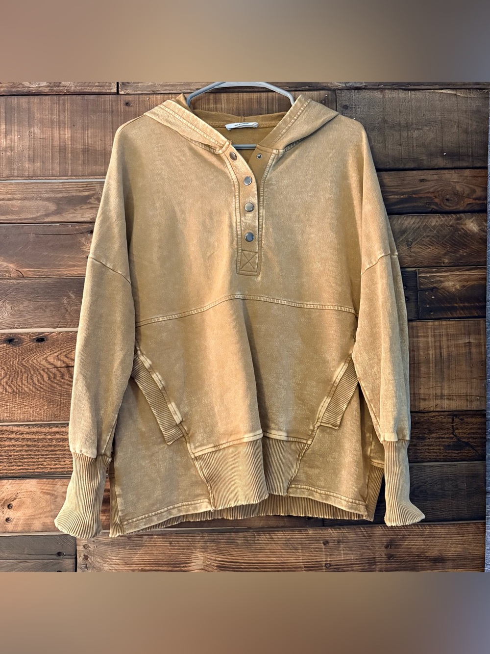 Zenana Camel Mineral Washed Henley Hoodie